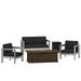 GDF Studio Niez Outdoor Aluminum 4 Seater Chat Set with Fire Pit Silver Gray and Brown Wood Pattern