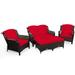 Patiojoy 5 PCS Patio Rattan Sectional Sofa Set Outdoor Furniture Conversation Set Cushioned Loveseat Sofa Ottoman Red