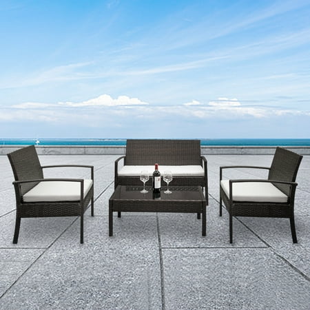 4 Pieces Outdoor Rattan Chair Set All Weather PE Wicker Patio Furniture Set Modern Porch Balcony Furniture Lawn Chairs Set Includes 2 Armchairs 1 Loveseat and 1 Table Sturdy Steel Frame GE004