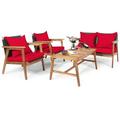 Patiojoy 4PCS Patio Outdoor Rattan Furniture Set Acacia Wood Frame Conversation Set w/Coffee Table Red