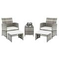 5 Piece Wicker Outdoor Conversation Set Patio Furniture PE Rattan All Weather Cushioned Chairs Balcony Porch with Ottoman and Side Table Gray