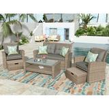 Gray Rattan Patio Sectional Set SESSLIFE 6-Piece Outdoor Conversation Set with 1 Loveseat 2 Chairs 2 Ottomans 1 Coffee Table Patio Couches Sets for Porch Garden Balcony