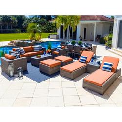 Sorrento 18-Piece Resin Wicker Outdoor Patio Furniture Combination Set in Gray w/ Sofa Set Eight-seat Dining Set and Chaise Lounge Set (Flat-Weave Gray Wicker Sunbrella Canvas Tuscan)