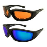 2 Pairs Epoch Foam Padded Motorcycle Sunglasses Black Frames Amber Lens + Blue Mirror Lens