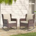 Patio Resin Wicker Rocking Chair with Cushions Outdoor Furniture Club Rocker Chair Brown Wicker & Beige Cushions 2-Piece