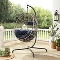 Ulax Furniture Outdoor Wicker Hanging Basket Swing Chair Indoor Egg Chair with Cushion and Stand-Upgrade Navy