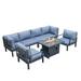 LeisureMod Hamilton Modern 7-Peice Modular Outdoor Sectional Aluminum Patio Conversation Set with Fire Pit Table & Charcoal Blue Cushions