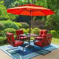 MF Studio 6-Piece Outdoor Patio Set with 10 ft Umbrella C-Spring Rocking Chairs & Faux Wood Table for 4-Person Black & Red