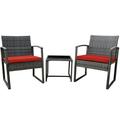 Layla 3-Piece Rattan Bistro Furniture Set -Two Side Handle Bar Chairs With Glass Garden Coffee Table - Red