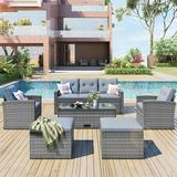 6-Pieces Outdoor Patio Furniture Set All-Weather Patio Outdoor Dining Conversation Sectional Set with Coffee Table Wicker Sofas Ottomans Removable Cushions (Gray)