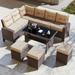 Gotland 7 Piece Outdoor Patio Furniture Set All-Weather Wicker Rattan Sofa Set Outdoor Sectional Conversation Set with 3 Loveseats 1 Dining Table and 3 Footrests Sand