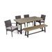 GDF Studio Hammersmith Outdoor Acacia Wood and Wicker 6 Piece Dining Set with Bench Sandblasted Gray Black and Gray