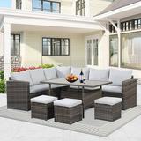 CozyHom 7 Pcs Outdoor Sectional Dining Sectional Sofa Furniture Set Outdoor Patio Rattan Wicker Sectional Conversation Couch With Dining Table Gray