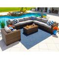Tuscany 9-Piece Resin Wicker Outdoor Patio Furniture Sectional Sofa Set in Brown w/ Seven Modular Sectional Seats Armchair and Coffee Table (Half-Round Brown Wicker Polyester Light Gray)