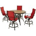 Hanover Monaco 5-Piece Outdoor High Dining Patio Set 4 Counter-Height Padded Sling Swivel Chairs and 56 Round Tile Table Brushed Bronze Finish Rust-Resistant All-Weather - MONDN5PCPDBR-C-RED