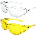 2 Pairs Global Vision Oversite Motorcycle Safety Glasses for Men or Women ANSI Z87.1 Fitover One-Piece Lens w/ Clear & Yellow Matching Frames