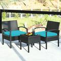 Costway 3PCS Patio Rattan Furniture Set Coffee Table Conversation Sofa Cushioned Turquoise