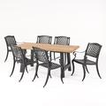 GDF Studio Chris Outdoor Lightweight Concrete and Aluminum 7 Piece Dining Set Antique Matte Black and Natural Oak