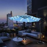 10ft Solar LED Cantilever Patio Umbrella 360-Degree Rotation Hanging Offset Market Outdoor Sun Shade Offset Umbrella with Cross Base for Backyard Deck Poolside with Lights Easy Tilt Blue