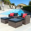 Patio PE Wicker Furniture Set Outdoor 5 PCS Rattan Conversation Sofa Set Sectional Furniture Set with Cushioned Chair Glass Table and Ottoman Fits for Backyard Patio Deck Poolside Brown D1048