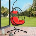 uhomepro Indoor Outdoor Swing Egg Chair with Stand Wicker Hanging Egg Chair for Balcony Backyard Patio Poolside with Removable Cushions Headrest Pillow Steel Frame Red