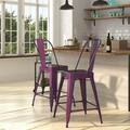 Merrick Lane 24 Metal Indoor-Outdoor Counter Stool with Vertical Slat Back Integrated Footrest and Wood Seat in Purple