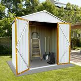 iRerts Garden Shed 4FT x 6FT Outdoor Storage Shed Storage House Metal Outdoor Shed Tool Shed with Lockable Door and Apex Roof Outside Sheds for Backyard Garden Patio Lawn White+Yellow