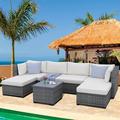 Outdoor Graden Patio Conversation Furniture Sets 7-Piece Wicker Patio Conversation Furniture Set w/2 Mid Seats 2 Corner Sofa wood Table 12 Padded Cushions 2 Ottomans Beige S8360