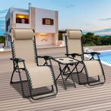 3 Pcs Metal Beige Adjustable Outdoor Patio Chaise Lounge Chair Happatio Patio Chaise Lounge with 2 Utility Trays and 1 Folding Lounge Table