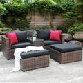 Ankway 5 Pieces Outdoor Furniture Patio Rattan Loveseat Set All Weather Sectional PE Wicker Sofa Conversation Set with Ottoman Coffee Table Garden Lawn Pool Backyard Brown Wicker Black Cushions