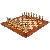Large Italian Arabesque Staunton Metal & Wood Chess Set with Elm Burl Chess Board