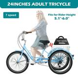 Lilypelle Adult Tricycles Unisex 24 Wheels 7 Speed Cruiser Trike Bike with Basket Sky Blue