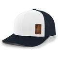 Men s Golfer Drinking Beer Bottle American Flag Background Laser Engraved Leather Patch Mesh Back Trucker Hat White/Navy/Navy