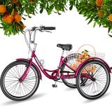 Lilypelle Adult Tricycle 7 Speed Adult Trikes 24-inch 3 Wheel Bikes with Backrest Low Step-Through Aluminum Frame Cargo Basket Rose Red