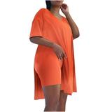 Biker Shorts Sets Women 2 Piece Outfits Plus Size Short Sleeve Tracksuits Set V Neck Tunic Tops Solid Tees