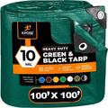 Heavy Duty Poly Tarp 100 Feet x 100 Feet 10 Mil Thick Waterproof UV Blocking Protective Cover - Reversible Green and Black - Laminated Coating - Rustproof Grommets - by Xpose Safety