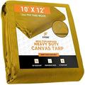 Xpose Safety Canvas Tarp - Tan 10 x 12 Duck Canvas Heavy Duty 12 oz Waterproof with Brass Grommets Multipurpose Outdoor Waxed Tarpaulin for Camping Canopy Tent Trailer Machinery Equipment Cover