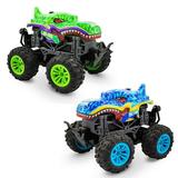 Family Smiles Kids RC Green Dinosaur Teal Dinosaur Monster Truck 2 Pack Toy Water Spray Haze Lights Sound Effects Remote Control Vehicle 1:16 Scale Gift Toys For Boys