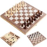 OWSOO 3-in-1 Multifunctional Wooden Chess Set Folding Chessboard Travel Games Chess Checkers Draughts and Backgammon Set Entertainment
