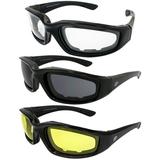 3 Pairs ORIOLE Foam Padded Motorcycle Sunglasses Riding Sunglasses 1 Clear 1 Smoke and 1 Yellow