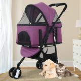 3 Wheels Dog Stroller Foldable Pet Stroller Cat Stroller with Storage Basket 3-in-1 Lightweight Puppy Stroller for Travel (Purple)