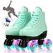 EONROACOO Flashing Wheels Roller Skates for Adult Leather Double-Row Roller Skates for Women&Men Quad Skates(Green Women 6.5/Men 5)