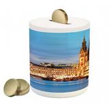 Winter Piggy Bank Hamburg Germany Old Town Hall with Christmas Tree Historical Architecture Ceramic Coin Bank Money Box for Cash Saving 3.6 X 3.2 Blue Orange Brown by Ambesonne
