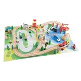 Hey Play 75-Piece Wooden Train Set with Tracks Cars Play Mat and More