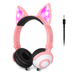 ONTA Kids Headphones with Cute LED Glowing Cat Ears Foldable Noise-Canceling and Adjustable Toddlers Headphones for Boys and Girls (Pink)