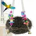 Visland Bird Nest Natural Rattan Colorful Beads Bell Hanging Nest Roosting Bird House Cages Garden Window Outdoor Decoration for Parakeets Conures Macaws Parrots Love Birds Finches