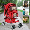 Pet Dog Stroller 4 Wheel Foldable Cat Dog Stroller with Storage Basket Handle 360Â° Front Wheel Rear Wheel with Brake for Small Medium Dogs & Cats Red