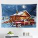 Christmas Tapestry Blue Vintage Car Dog Driving Santa Costume Bird Tree Gift Present Fabric Wall Hanging Decor for Bedroom Living Room Dorm 2 Sizes White Multicolor by Ambesonne