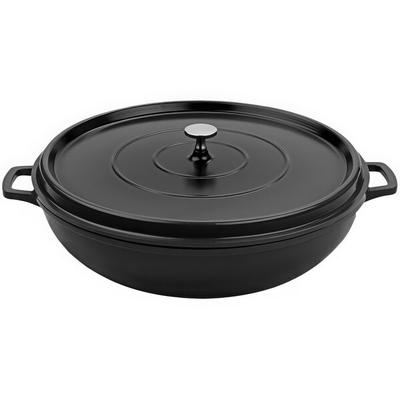GET Heiss 7.5 Qt. Gray Enamel Coated Cast Aluminum Round Brazier / Paella Pan with Lid CA-015-GR/BK/CC