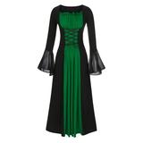 Juebong Halloween Mesh Dress Women Retro Gothic Flare Long Sleeve High Neck Stitching Swing Hem Flowy Floor-Length Skirt Gown Bell Sleeve Dress Dark Long Dress Gowns